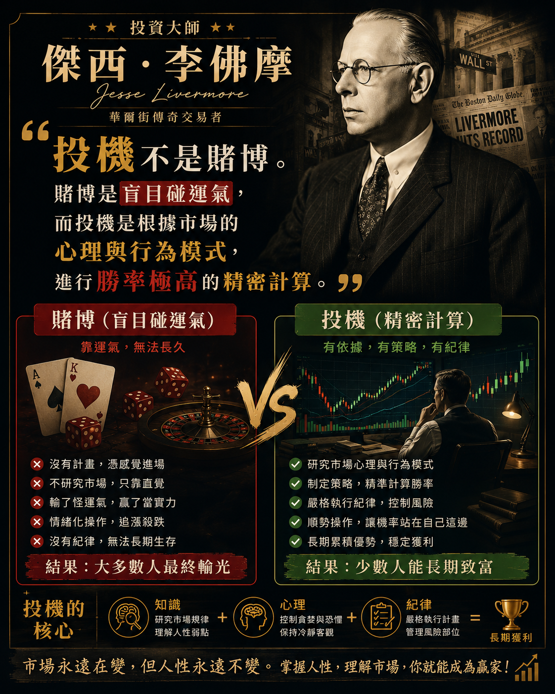 大師金句：「投機不是賭博，賭博是盲目碰運氣；投機則是根據市場心理與行為模式，進行勝率極高的精密計算。」